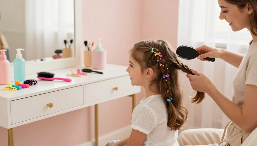 A cozy, well-lit room featuring a young girl with beautifully styled hair, showcasing various practical and beautiful hairstyles suited for everyday wear. In the foreground, the girl is seated on a soft rug, smiling as her mother gently brushes her hair, demonstrating care and technique. Her hair features a lovely braid adorned with colorful clips. In the middle ground, a vanity table cluttered with hair care products—brushes, clips, and colorful hair ties—adds to the atmosphere. The background consists of soft pastel-colored walls with light streaming in through a window, creating a warm and inviting mood. The scene captures a nurturing moment, emphasizing the importance of hair care and styling in a playful, picturesque setting.