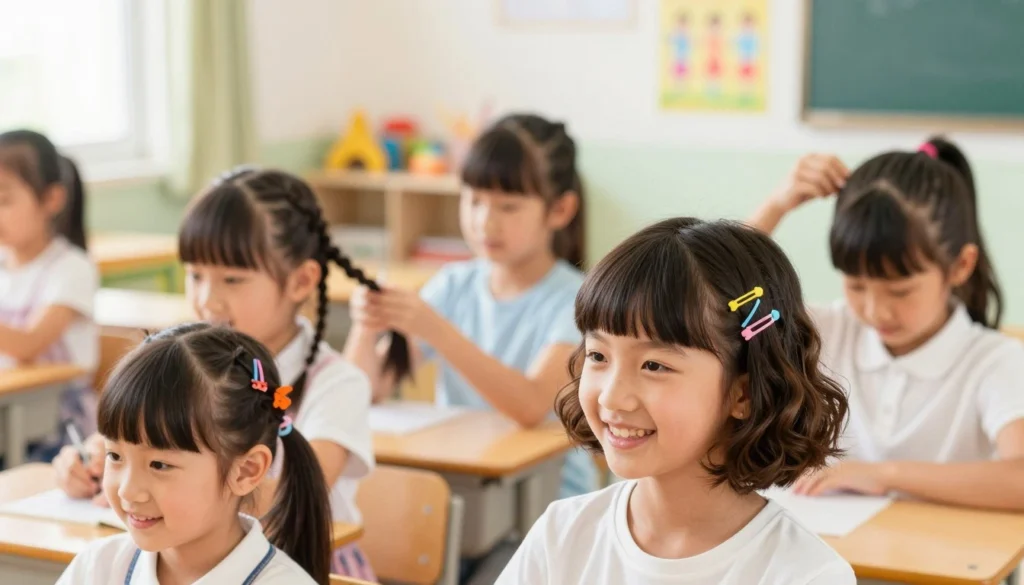 A bright, cheerful classroom setting filled with natural light, featuring a variety of short hairstyles suitable for school. In the foreground, a young girl with styled short hair is smiling, showcasing two playful hairstyles: one side with a cute pixie cut adorned with colorful hair clips, and the other with a bob cut styled with soft waves. In the middle, other girls are seen experimenting with different hairdos, such as braided bangs and half-up hairstyles, all styled in age-appropriate and trendy ways. The background includes school supplies and colorful wall decorations, creating a vibrant, academic atmosphere. The lighting is warm and inviting, enhancing the joyful ambiance of a typical school day.