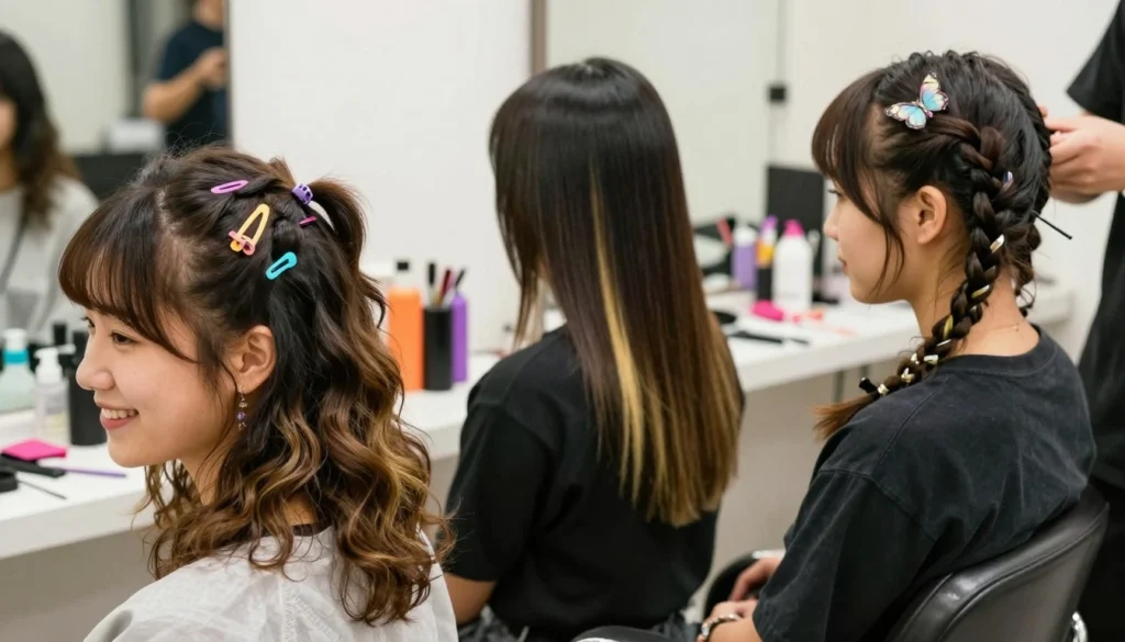 A vibrant salon setting featuring a diverse group of three young women with medium-length Y2K-inspired hairstyles, showcasing simple yet modern looks. The foreground focuses on one woman smiling while showcasing a playful half-up, half-down hairstyle with colorful clips and soft waves. The second woman displays sleek straight hair with bold highlights, while the third sports a trendy layered haircut with a side braid and butterfly clips. The middle background includes hairstyling tools and colorful hair accessories, enhancing the Y2K aesthetic. Soft, natural lighting creates a warm and inviting atmosphere, with a slight lens blur on the background to focus on the hairstyles. Capture this scene from a friendly angle, inviting and inspirational, evoking nostalgia for early 2000s fashion while remaining fresh and trendy.