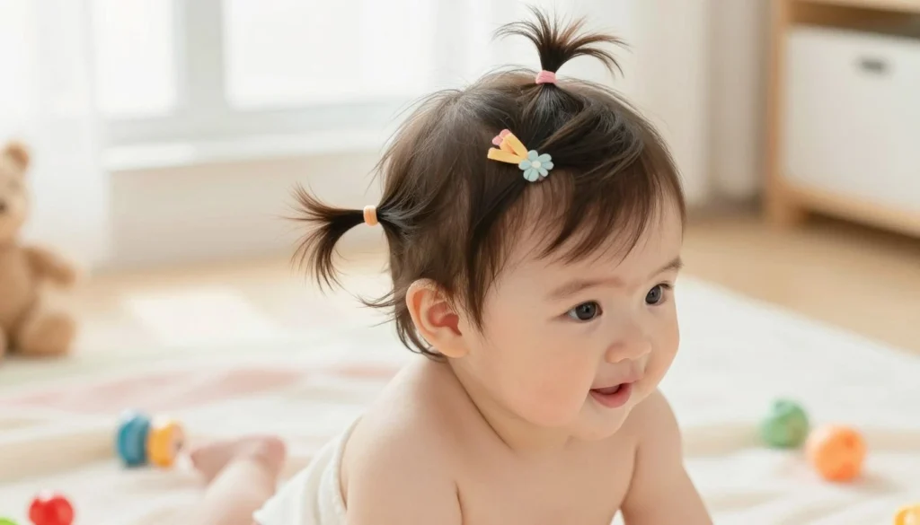 A cute baby with soft, fine hair styled in a casual and effortless ponytail, showcasing a playful and innocent vibe. The baby is seated on a cozy, pastel-colored blanket, surrounded by cheerful toys that add warmth to the scene. The foreground features delicate details, such as tiny hair accessories like a colorful ribbon or flower, emphasizing the sweet hairstyle. In the background, a softly blurred room with natural light streaming in through a window creates a bright and airy atmosphere. The lighting is soft and diffused, enhancing the baby's cherubic features and playful expression. Capture this moment from a slightly elevated angle to highlight the hairstyle while maintaining the focus on the baby's joyful demeanor. Ensure the image is wholesome and reflects the charm of baby hairstyles.