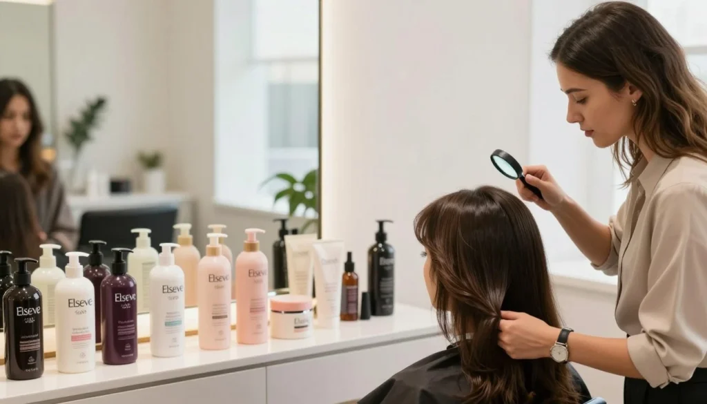 A well-lit, elegant salon interior featuring a diverse array of hair care products on a stylish display. In the foreground, a professional hair consultant examines a client's hair using a magnifying glass, showcasing the hair's texture and health. The consultant is dressed in a chic, modest outfit, conveying expertise. In the middle ground, various bottles of Elseve hair cream are artistically arranged on a counter, emphasizing the brand's identity and variety. The background showcases a large mirror reflecting soft, natural light that creates an inviting atmosphere. Subtle hints of greenery in the decor add freshness to the environment. The overall mood is professional and educational, with a focus on personalized hair care.