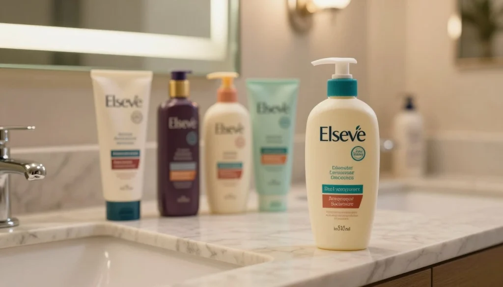 A visually engaging comparison image featuring a bottle of Elseve hair cream conditioner prominently in the foreground, set on a stylish marble countertop. In the middle ground, display a selection of competitor hair cream products in aesthetically pleasing packaging, showcasing their unique designs. A soft-focus background with a cozy bathroom setting, including a large mirror and lighted vanity. The lighting is warm and inviting, casting gentle shadows that highlight the products. Use a slight overhead angle for a dynamic perspective. The mood is informative yet inviting, perfect for a beauty guide, emphasizing the unique benefits and advantages of Elseve compared to other brands. No captions or text present, ensuring a clean viewer experience.