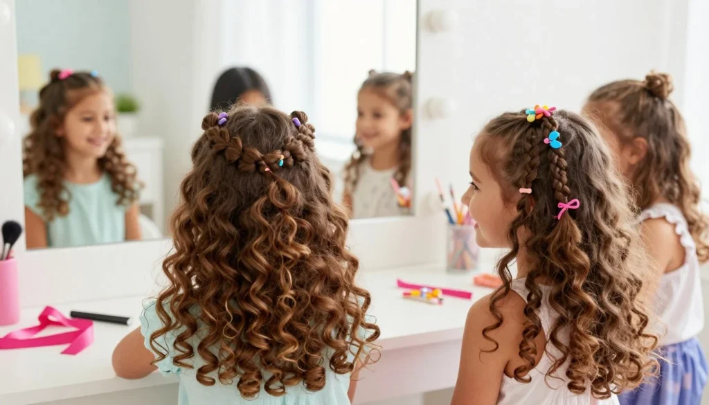 A joyful scene featuring a young girl with curly hair showcasing a variety of easy and stylish hairstyles suitable for children. In the foreground, the girl is smiling, highlighting her vibrant personality; her hair is beautifully styled in a mix of loose curls, half-up ponytails, and playful braids adorned with colorful clips. The middle ground displays a soft-focus vanity mirror reflecting more hairstyle inspirations scattered around, like ribbons and hair accessories. In the background, a bright, cheerful room filled with natural light from a window, creating an inviting atmosphere. The image captures a playful yet informative mood, focusing on creativity and self-expression in hair styling for kids.