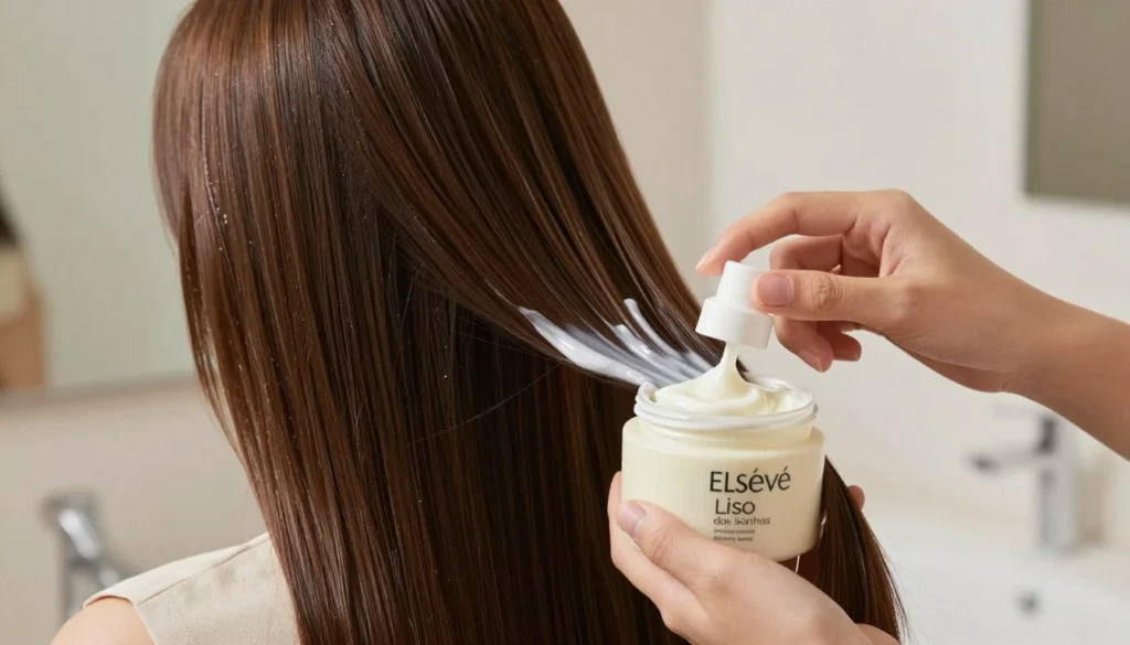A glossy, luxurious hair treatment scene featuring the Elseve Liso dos Sonhos cream being applied to smooth, silky hair. In the foreground, a close-up of a hand dispensing the creamy product, showcasing its rich texture. The middle ground displays a model with beautifully straight, shiny hair, reflecting light, and wearing a simple, elegant outfit. The background features a bathroom setting with soft, natural lighting illuminating the scene, creating a serene and inviting atmosphere. The overall mood is calm and sophisticated, emphasizing the effectiveness of the hair cream for achieving sleek and polished hair. The focus is on the cream and hair without any distractions or additional elements in the frame.