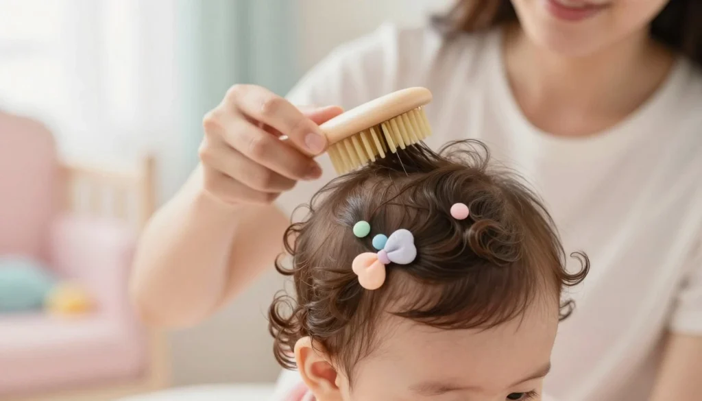 A healthy and beautiful hairstyle for a baby, featuring soft, delicate curls adorned with pastel-colored hair accessories. In the foreground, a close-up of the baby's head shows the intricate hairstyle, highlighting the shiny and well-maintained hair. In the middle ground, a caring parent gently brushing the baby's hair, showcasing an atmosphere of warmth and love. The background is a softly blurred nursery with soothing pastel colors and gentle natural light filtering through a window, creating a calming mood. The image is captured with a soft focus lens, emphasizing the closeness between the parent and child, and evoking a gentle, nurturing atmosphere perfect for the theme of baby hair care.