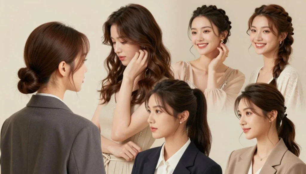 A stylish collage of versatile hairstyles for straight hair, featuring four distinct women, each showcasing a different look for various occasions—casual, professional, festive, and romantic. In the foreground, a woman with sleek, straight hair elegantly tied in a low bun wears a smart blazer. In the middle, a woman with loose, glossy waves reaches for a party look, adorned with sparkling accessories. Another woman, showcasing a chic half-up style, is dressed in business casual attire, offering a polished yet relaxed vibe. In the background, a cheerful woman with a braided crown emphasizes a fun, romantic evening. Soft, natural lighting fills the scene, with a warm ambiance, captured from a slightly elevated angle to provide depth and warmth to the image, highlighting the beauty of each hairstyle against a gentle, neutral backdrop.