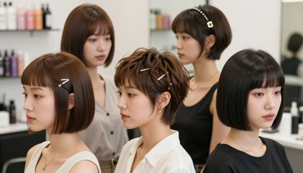 A stylish collection of short, straight hairstyles displayed on a diverse group of women. The foreground features three women with various hair colors and textures, showcasing trendy short haircuts—one has a sleek bob, another a textured pixie cut, and the third with blunt bangs. Each model wears elegant, modest casual attire that complements their hairstyle. In the middle, soft lighting highlights their hair, with elegant hair accessories such as clips and headbands adding flair. The background features a light, airy salon environment, with blurred shelves of hair products and mirrors, evoking a fresh and modern atmosphere. The overall mood is vibrant and fashionable, capturing the essence of contemporary short hairstyles.
