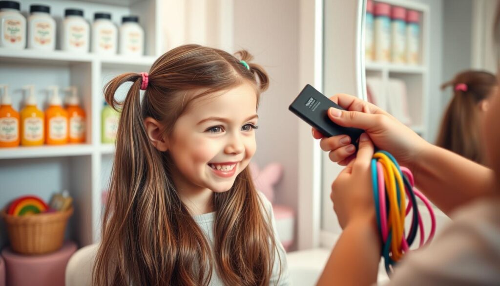 A cozy children's bathroom setting, focusing on a young child with long, shiny hair, sitting in front of a mirror, surrounded by colorful hair elastics. The child has a joyful expression, with hair styled in simple, playful ponytails. A close-up view captures the hands gently brushing the hair and securing it with elastic bands, showcasing delicate care. Soft, natural lighting illuminates the scene, creating a warm and inviting atmosphere. In the background, shelves filled with cute, labeled containers of hair care products are visible, adding a touch of organization and charm. The overall mood is playful and nurturing, emphasizing the importance of gentle hair care for children while using elastics. A cozy children's bathroom setting, focusing on a young child with long, shiny hair, sitting in front of a mirror, surrounded by colorful hair elastics. The child has a joyful expression, with hair styled in simple, playful ponytails. A close-up view captures the hands gently brushing the hair and securing it with elastic bands, showcasing delicate care. Soft, natural lighting illuminates the scene, creating a warm and inviting atmosphere. In the background, shelves filled with cute, labeled containers of hair care products are visible, adding a touch of organization and charm. The overall mood is playful and nurturing, emphasizing the importance of gentle hair care for children while using elastics.