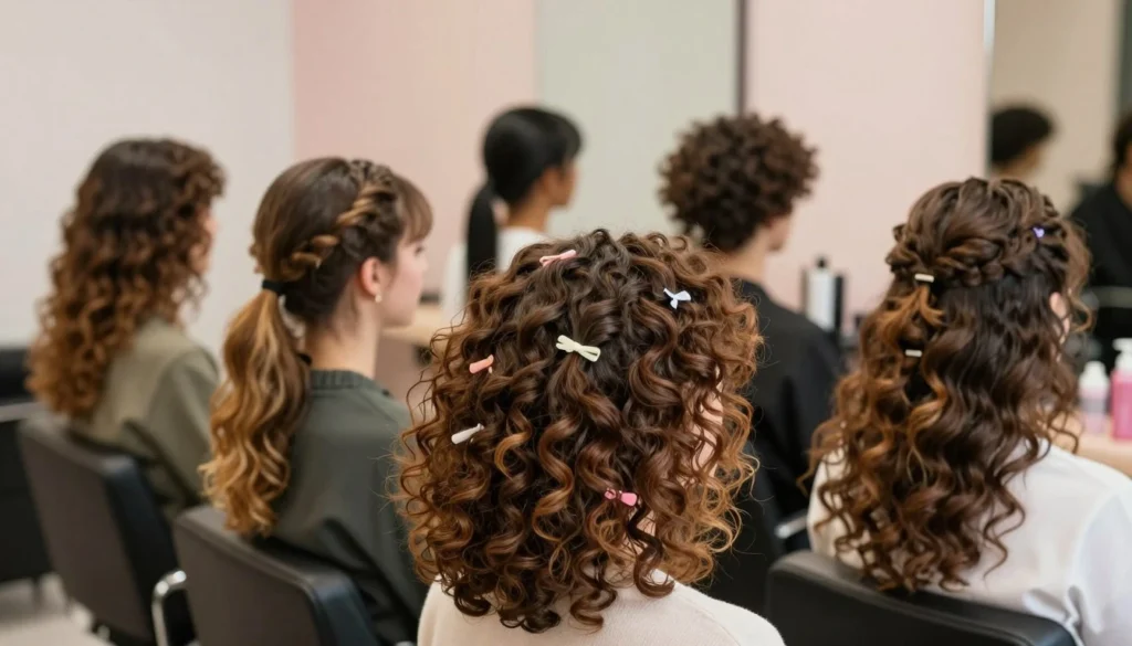 A stylish and modern hairstyle showcase featuring a diverse woman with medium-length curly and wavy hair. The foreground focuses on her vibrant curls elegantly styled into a half-up, half-down look adorned with delicate accessories such as small clips or ribbons. The middle ground includes a variety of similar hairstyles, including loose waves, a sleek side ponytail, and playful textured updos, all demonstrating versatility for medium-length hair. Soft, natural lighting highlights the hair's texture and movement, creating a warm and inviting atmosphere. The background is softly blurred, hinting at a chic salon setting with pastel-colored walls and stylishly arranged hair products. This scene conveys a sense of creativity and modernity, perfect for inspiring readers with easy, adaptable hairstyles for medium curly and wavy hair.