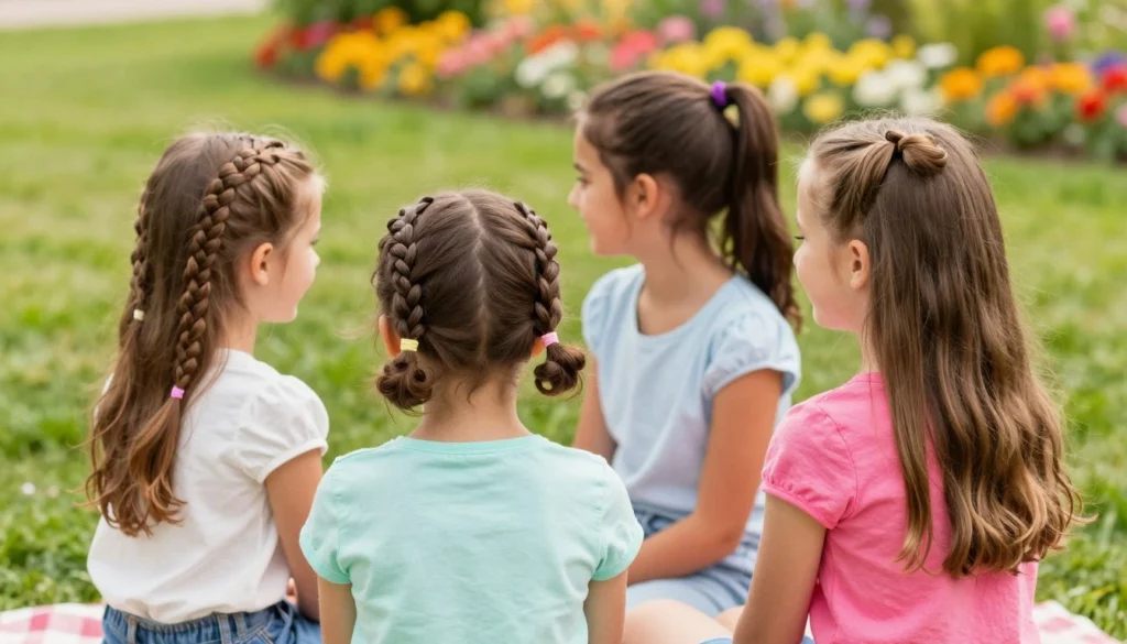 A vibrant, cheerful scene focusing on quick hairstyles for girls, showcasing three young girls with different hairstyles, sitting together outdoors. One girl sports a cute braiding style, another has a simple ponytail, and the third girl displays a stylish half-up, half-down look. Surround them with a bright, sunny park setting featuring green grass and colorful flowers in the background. The girls wear colorful, casual summer outfits, expressing joy and creativity. Soft, natural daylight illuminates the scene, creating a warm and inviting atmosphere. Capture the image from a slightly elevated angle to emphasize the hairstyles and their playful expressions. Avoid any text, ensuring a clear focus on the hairstyles.