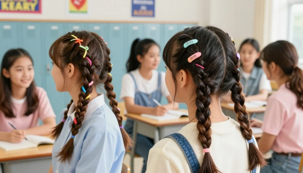 A vibrant and stylish school environment featuring diverse teenage girls showcasing modern braid hairstyles. In the foreground, focus on two girls with unique braid styles: one with a Dutch braid adorned with colorful hair ties, and another with fishtail braids complemented by pastel hair clips. The middle ground includes a school backdrop with lockers and motivational posters, capturing a lively atmosphere. Soft, natural lighting illuminates the scene, enhancing the hair textures and colors. Use a slight angle to create depth, and convey a cheerful, energetic mood, reflecting the fun of school life. The girls wear casual, fashionable outfits suitable for school, ensuring a positive and inclusive representation.