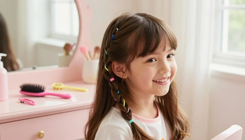 A vibrant scene showcasing a variety of decorative hair accessories for girls, featuring colorful ribbons, sparkly clips, and playful headbands arranged on a stylish display. In the foreground, a whimsical selection of accessories is neatly organized, highlighting intricate details like sequins and floral motifs. The middle ground includes a soft-focus image of a young girl with modest attire, playfully showcasing her hair styled with some of these accessories, her joyful expression illuminating the scene. The background features a gently blurred setting of a bright, sunlit room with pastel-colored walls and playful decor. Natural lighting enhances the cheerful and inviting atmosphere, creating a sense of warmth and creativity.