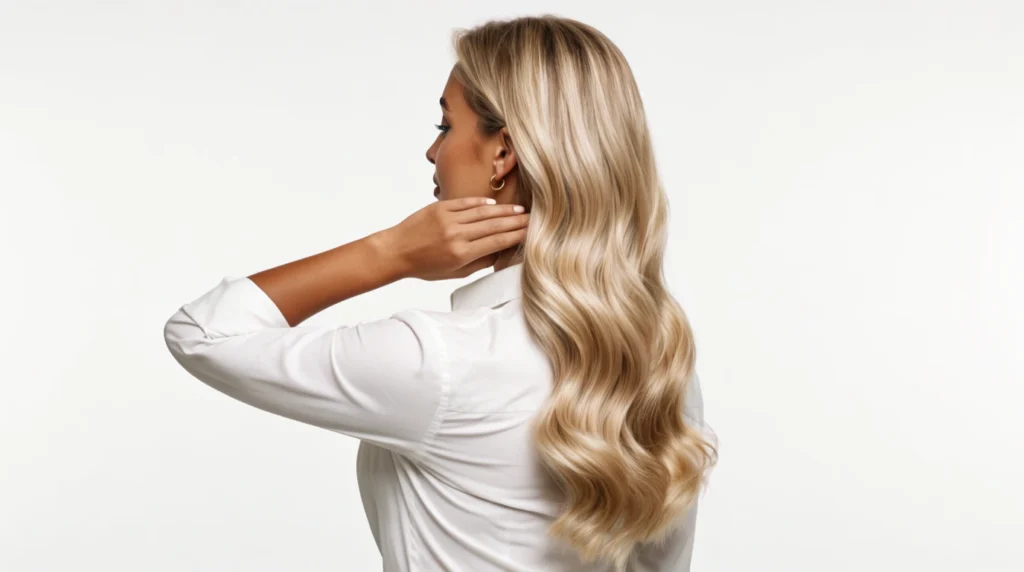 A beautiful bride with long, flowing hair styled elegantly for a wedding, showcasing modern updos and intricate braids. The foreground features the bride's hair detailed with delicate floral accessories, capturing the light delicately. Her makeup is soft and natural, enhancing her radiant smile. The middle ground includes a softly draped wedding gown, adding a touch of romance. The background hints at an outdoor wedding venue decorated with greenery and ethereal fairy lights, creating a magical atmosphere. Soft, warm lighting enhances the dreamy mood, reminiscent of golden hour. A shallow depth of field focuses on the bride, with a blurred background that implies an intimate celebration setting. The image embodies elegance, romance, and sophistication, perfect for a wedding hairstyle feature.
