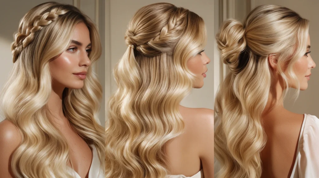 A high, sleek ponytail styled elegantly on a woman with long, flowing hair. The foreground features the woman confidently looking at the camera, dressed in professional business attire, with soft, natural makeup highlighting her features. The middle ground showcases her ponytail tied tightly at the crown, with strands of hair cascading down her back, reflecting delicate light. The background has a softly blurred office environment, with warm lighting filtering through large windows, creating a modern and sophisticated atmosphere. The focus is clear and sharp, captured with a 50mm lens at eye level, invoking a mood of elegance and poise. The image highlights the beauty and versatility of a high ponytail as a classic yet contemporary hairstyle.