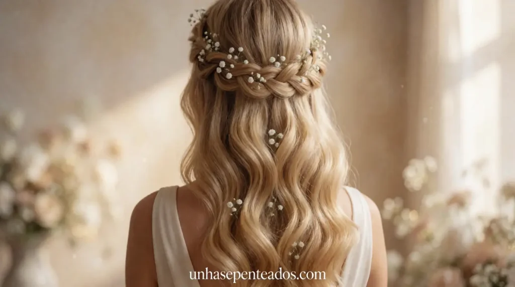 A beautiful bride showcasing romantic braids for her wedding day. The foreground features intricate, soft fishtail and Dutch braids adorned with delicate white flowers and pearls. The bride's hair cascades gently over her shoulder, adding elegance to her understated makeup and simple lace gown. In the middle ground, a softly blurred bridal bouquet filled with pastel roses and greenery enhances the scene. The background is a dreamy outdoor setting, with gentle sunlight filtering through lush trees, creating a warm, intimate atmosphere. A shallow depth of field focuses on the hair details while softly fading the surroundings, evoking a serene and enchanting mood perfect for a wedding celebration.