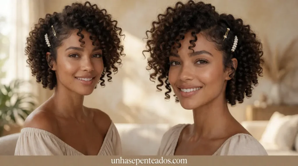 A stylish young woman with short, curly hair is showcasing an easy half-up bun with a voluminous top knot. Her hair is naturally textured, with defined curls that frame her face softly. The background features a bright, cheerful bathroom with elegant lighting that highlights her hairstyle. Soft lighting accentuates her features, creating a radiant and uplifting mood. The angle captures her profile, emphasizing the top bun's height and the gentle curls cascading down her neck. She is dressed in modest, casual attire, such as a light-colored blouse, suitable for a relaxed day at home. The overall atmosphere is inspiring and relatable, ideal for women looking for quick and elegant hairstyle ideas.