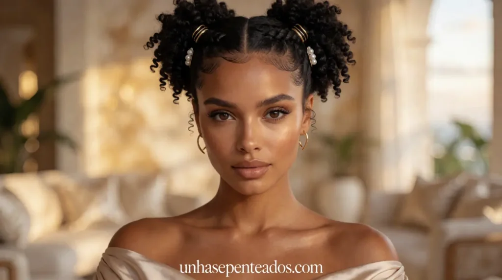 A close-up portrait of a woman with beautiful, defined curly hair styled elegantly using various accessories like colorful hairpins and decorative clips. She is smiling, showcasing her hairstyle with a natural, radiant expression. The foreground features her head and shoulders, adorned with subtle jewelry that complements her hairstyle. In the middle, there are various accessories displayed artistically, including floral hairbands and vibrant clips, emphasizing their role in enhancing the curly hairstyle. The background is softly blurred, featuring a cozy home setting with warm lighting, creating an inviting and creative atmosphere. The overall mood is uplifting and inspiring, highlighting the beauty of curly hair and the art of accessorizing.