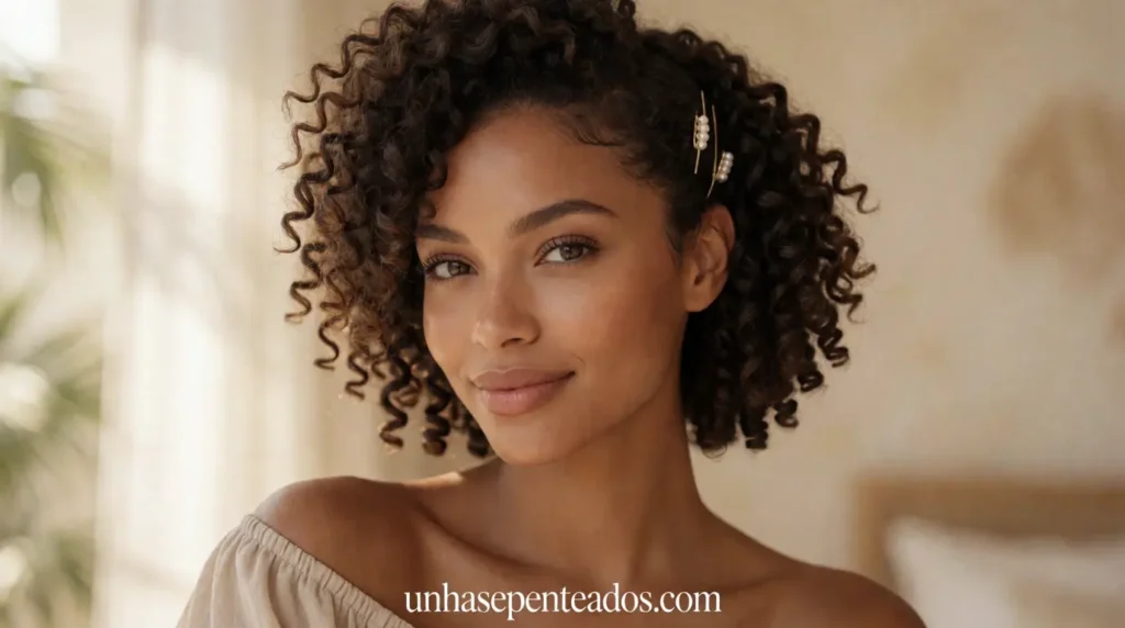 A close-up shot of a young woman with short, curly hair styled elegantly with simple braids. She is wearing a modest, casual outfit in a warm, inviting color. The background features a softly blurred indoor setting with natural light filtering through a window, creating a serene atmosphere. The woman is smiling gently, highlighting her confidence as she demonstrates the hairstyle. The focus is on her hair, showcasing the texture of the curls and the intricate braids, with a slightly angled view to capture depth. The overall mood is cheerful and empowering, ideal for someone looking to enhance short, curly hair with easy-to-follow braided styles.