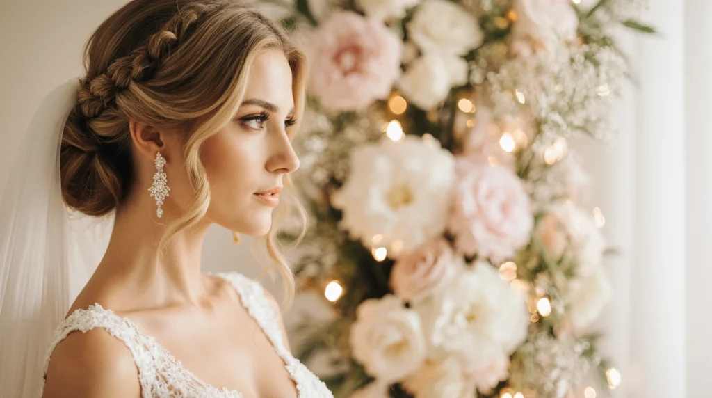 A stunning bridal hairstyle featuring elegant braids, showcasing intricate and delicate styling that exudes charm and sophistication. The foreground captures a close-up of a bride's beautifully braided hair adorned with subtle floral accents, such as small white flowers and greenery. The middle ground includes softly cascading hair framing her face, adding a romantic touch. The background is a softly blurred wedding setting, hinting at draped fabrics and gentle lighting that creates a warm and inviting atmosphere. The mood is serene and enchanting, evoking feelings of love and joy. The image is captured with a soft-focus lens to enhance the ethereal quality, illuminated with soft, diffused lighting to highlight the details of the hairstyle without any distractions.