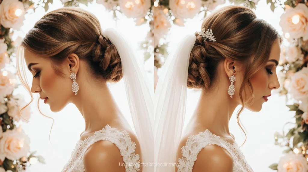 A beautiful bride showcasing elegant hairstyles for natural, curly hair. In the foreground, close-up view of the bride's face and shoulders, adorned with delicate floral accents in her hair, capturing intricate curls styled in an elegant updo. The middle ground features soft, cascading curls flowing down one side, adding volume and personality to the look. The background softly blurs, hinting at a serene garden setting with pastel-colored flowers and lush greenery, creating a romantic ambiance. The lighting is soft and ethereal, mimicking golden hour sunlight, with a shallow depth of field to emphasize the bride’s hairstyle. The mood is enchanting and joyful, perfect for a wedding atmosphere, showcasing contemporary trends in bridal hairstyles.