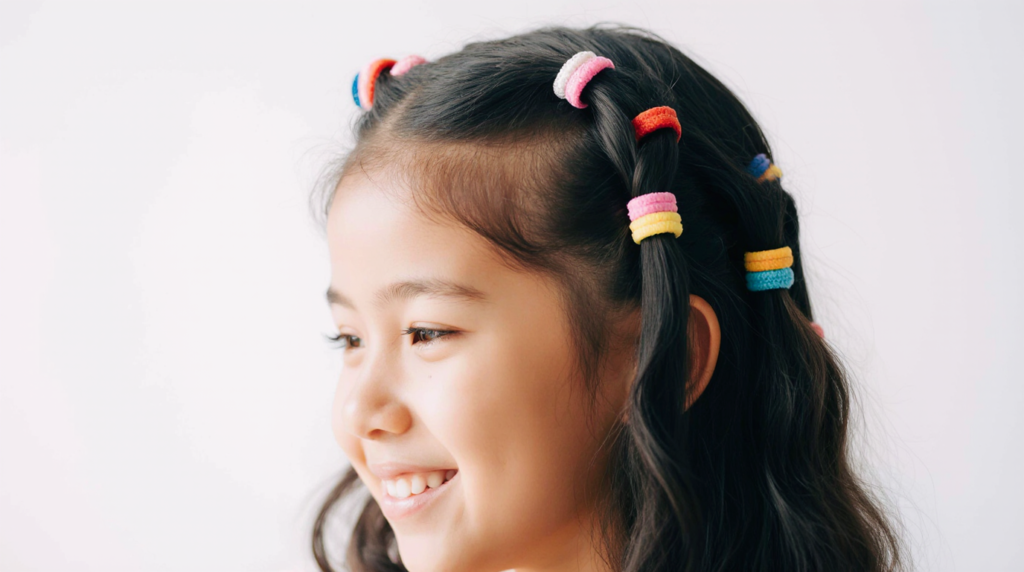 A bright and cheerful classroom setting featuring a diverse group of young children (ages 5-7) with simple, easy hairstyles suitable for school. In the foreground, a girl with two playful pigtails made with colorful elastic bands smiles while holding a backpack. Next to her, a boy sports a neat side part with a colorful elastic holding his hair back. The middle ground shows a table with school supplies, while the background displays colorful drawings on the walls and sunlight pouring through large windows, creating a warm and inviting atmosphere. Use soft, natural lighting to enhance the youthful and vibrant quality of the scene, capturing a sense of joy and creativity in a school environment.