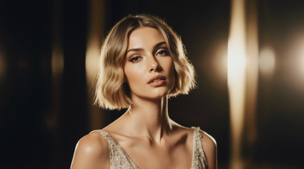 A beautiful woman with short hair styled in a half-updo, showcasing elegant volume at the crown and soft waves cascading down her shoulders. She is dressed in a chic, modest party outfit, exuding an air of sophistication and romantic charm. The setting is a softly lit, upscale indoor venue with warm, ambient lighting creating a cozy atmosphere. The background features blurred shapes of festive decorations, like subtle floral arrangements and twinkling lights. The angle captures her profile, highlighting the intricate details of her hairstyle and the joyful elegance of the occasion. The mood is light and celebratory, perfect for a festive gathering.