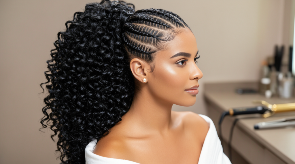 A beautifully designed comb specifically for curly hair sits elegantly on a soft, textured fabric surface. The comb is made of wood with wide-set teeth, capturing a warm and natural aesthetic. In the middle ground, a few hair care products are artistically arranged around the comb, including a bottle of curly hair gel and a moisturizing spray, showcasing their colorful packaging. The background features a softly blurred vanity mirror reflecting gentle, natural sunlight, creating a bright and inviting atmosphere. The overall mood is uplifting and empowering, highlighting the beauty of embracing natural curls. The focus is on the comb, emphasizing its suitable design for curly hair while avoiding distractions, with a shallow depth of field to enhance clarity.