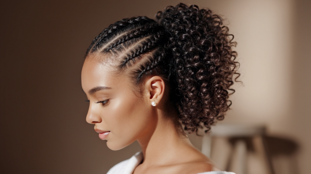 A vibrant close-up image of a young woman with beautifully styled curly hair, showcasing various elegant and easy hairstyles for curly hair. In the foreground, feature her confidently smiling, with her curls effortlessly cascading and arranged in a chic updo with decorative hair accessories. In the middle ground, display subtle hints of other curly hairstyles, like loose curls and half-up styles, softly blurred for a sense of depth. The background features a cozy, well-lit room with natural light streaming in through a window, adding warmth and a sense of comfort to the scene. Emphasize a bright and uplifting atmosphere, highlighting the beauty and versatility of curly hair in a professional yet relaxed setting.