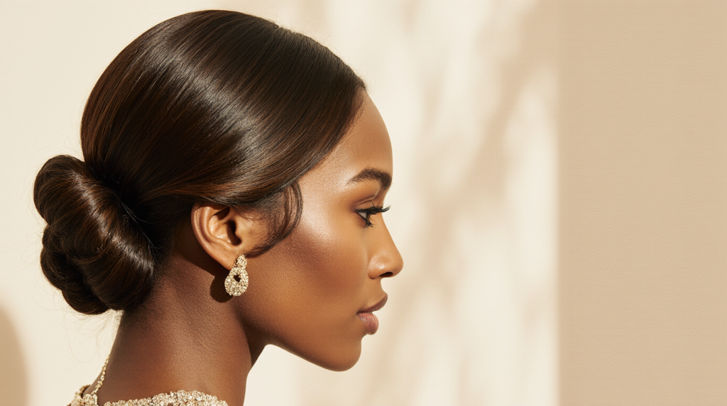 A close-up of an elegant graduation hairstyle on a model with long, wavy hair. The hairstyle features intricate braids intertwined with delicate floral accents, giving a modern yet sophisticated look. The model is wearing an elegant evening dress in soft pastel tones, complementing the hairstyle. The background is softly blurred to emphasize the hairstyle, with warm, diffused lighting casting a gentle glow on the model's hair. Shot with a shallow depth of field to draw focus to the details of the hairstyle. The atmosphere is one of celebration and elegance, perfect for a graduation ceremony. The image captures the beauty and grace of a suitable hairstyle for formal occasions, conveying a sense of stylish confidence.