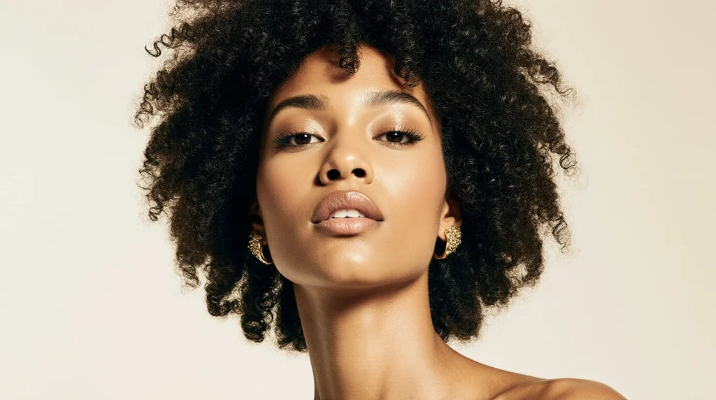 A stylish close-up of a woman with short, natural, curly hair adorned with colorful scarves and elegant hair clips. The foreground showcases her vibrant hairstyle, emphasizing the textures of her curls and the intricate patterns of the accessories. In the middle, soft, diffused lighting highlights the woman's radiant skin and enhances the rich colors of the hair accessories. The background is a softly blurred urban setting, featuring warm tones that complement the vibrant hues of the headscarves. The overall mood is playful yet sophisticated, reflecting a celebration of creativity and individuality. The subject wears modest casual clothing, ensuring a professional appearance while exuding confidence and style.
