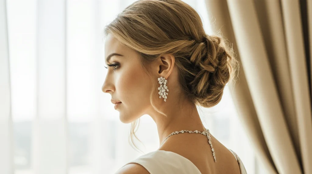 A serene, elegant salon setting filled with warm, soft lighting. In the foreground, a professional hairstylist skillfully applying nourishing hair treatment to a beautifully styled mother of a debutante, showcasing her healthy glossy hair. She's wearing modest yet chic attire, exuding confidence and grace. In the middle, an ornate wooden vanity table is adorned with brushes, hair products, and decorative flowers. In the background, a large mirror reflects the calming atmosphere, with framed portraits of elegant hairstyles displayed on the walls. The overall mood is one of pampering and preparation, emphasizing the importance of hair care and styling before a significant event. The angle captures both the stylist's focused work and the mother's radiant expression, highlighting their connection in this special moment.