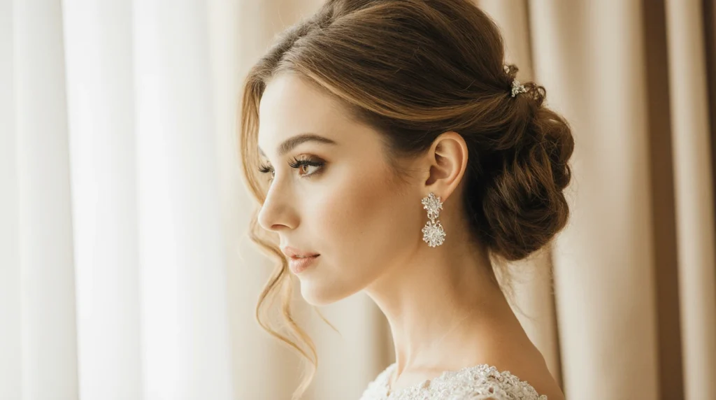A stylish mother of a debutante, elegantly dressed in a sophisticated gown, stands confidently in a well-lit, upscale venue. Her hair is beautifully styled in an intricate updo, adorned with subtle yet tasteful accessories that complement her outfit. The focus is on the details of her hairstyle, showcasing features like soft curls, elegant twists, and delicate hairpins. The background softly blurs to suggest an elegant party atmosphere, with twinkling lights and tasteful decorations, enhancing the luxurious feel of the scene. The lighting is warm and inviting, casting a flattering glow that highlights her joyful expression, exuding pride and elegance. A shallow depth of field accentuates her, while the overall mood is celebratory and sophisticated, perfect for a debutante's special occasion.