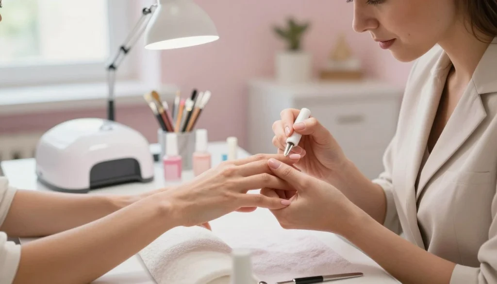 A serene, well-lit nail salon setting with a professional nail technician demonstrating gel nail application techniques. In the foreground, focus on the technician’s hands applying a glossy gel coat to a model's nails, showcasing precision and care. The technician wears a neat, stylish outfit, while the model has perfectly manicured hands, highlighting the process. In the middle ground, display neatly arranged tools such as nail files, brushes, and UV lamps, suggesting an organized workspace. Soft daylight filters in through large windows, creating a warm and inviting atmosphere, emphasizing the importance of a calm environment for clients. The background features soft pastel-colored walls and decorative elements, reinforcing the theme of elegance and professionalism. Overall, the image should inspire confidence and convey practical tips for achieving perfect gel nails.
