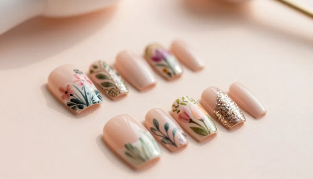 A close-up view of beautifully decorated press-on nails displayed elegantly on a soft pastel-colored surface. Each nail features unique and intricate designs, showcasing a mix of floral patterns, glitter accents, and vibrant colors, reflecting a modern and artistic style. In the background, soft, natural lighting illuminates the scene, enhancing the details of the nail art and creating a warm, inviting atmosphere. The image should convey a sense of creativity and inspiration for home manicure enthusiasts, with shadows subtly emphasizing the textures of the nails. The composition should focus solely on the nails, without any distractions from human subjects or other elements, ensuring a clean and polished look ideal for a stylish article on nail design.