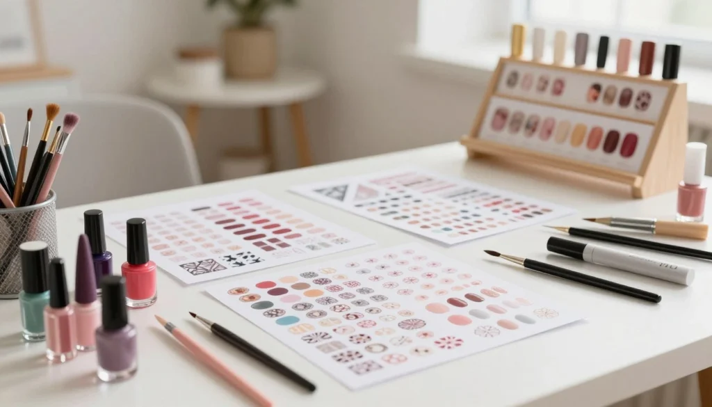 A beautifully organized workspace showcasing materials for creating handmade nail decals. In the foreground, an artist's table is adorned with colorful bottles of nail polish, various adhesives, and intricate nail art tools like brushes and dotting pens. The middle ground features neatly arranged sheets of decorative designs, including floral patterns and geometric shapes. Soft natural lighting gently illuminates the scene, creating a warm and inviting atmosphere. In the background, a cozy nook with a small shelf displaying completed nail art adds depth. The overall mood is creative and inspiring, perfect for a DIY project, inviting the viewer to explore the world of homemade nail stickers.