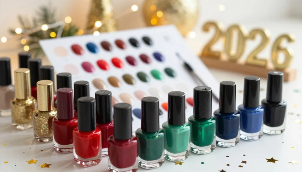 A beautifully arranged display of various nail polish shades, specifically chosen for New Year's celebrations in 2026. The foreground features elegant glass bottles of nail polish in vibrant colors like sparkling gold, deep red, rich emerald green, and classic navy blue, each reflecting light. In the middle ground, a stylish manicure station with neatly organized tools and swatches of glitter and matte finishes. In the background, softly blurred festive decorations like twinkling fairy lights and shimmering confetti, creating a celebratory and hopeful atmosphere. The lighting is bright and warm, highlighting the colors and textures of the nail polishes. The scene evokes excitement and a sense of new beginnings, perfect for welcoming the New Year.
