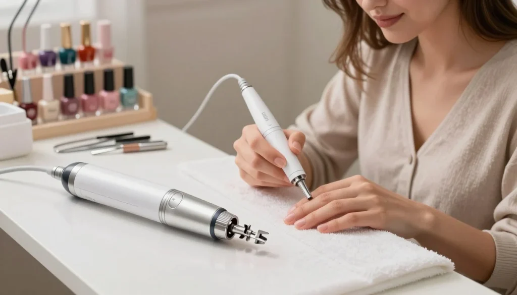 A neatly arranged pedicure station featuring an electric nail file prominently in the foreground, showcasing its sleek design with various interchangeable tips. In the middle, a well-groomed model with modest casual attire is seated comfortably, demonstrating the use of the electric nail file on her toes, ensuring a fresh and professional appearance. Soft, diffused lighting illuminates the scene, creating a warm, inviting atmosphere, ideal for a beauty treatment. The background features neatly organized manicure tools and a polished nail polish display, invoking a sense of cleanliness and sophistication. The perspective is slightly angled, capturing both the model's focused expression and the intricate details of the electric nail file in action, highlighting its functionality. The overall mood reflects relaxation and self-care, perfect for a pedicure session.