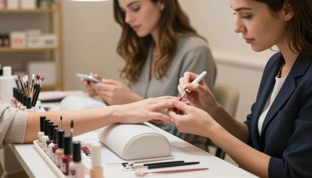 A serene beauty salon setting focused on gel nail application. In the foreground, a well-organized manicure table holds a variety of gel nail colors, brushes, and tools, all neatly arranged. A trained nail technician, dressed in smart casual attire, demonstrates the gel nail process on a client’s hand, showcasing a step-by-step approach. The technician is applying a fine layer of gel with precision, captured in mid-action. The middle ground features the client with a relaxed expression, enjoying the pampering experience under soft, warm lighting. In the background, shelves filled with nail care products and a cozy, inviting atmosphere enhance the scene. Use a shallow depth of field to emphasize the focal point of the hands and tools, creating a professional yet inviting mood.