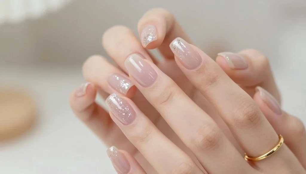 A close-up image of elegant, clear nails featuring delicate glitter accents. The nails should have a soft, glossy finish, showcasing a subtle sheen. The focus is on the hands, adorned with minimalistic gold rings for added sophistication. The background is softly blurred and hints at a serene, neutral-toned environment, enhancing the nails' charm without distraction. Use natural, diffused lighting to create a gentle glow, highlighting the glitter's sparkle. A shallow depth of field will draw attention to the nails while the hands remain perfectly positioned, conveying a sense of grace and delicacy. The overall mood is refined and tranquil, representing elegance and simplicity in nail design.