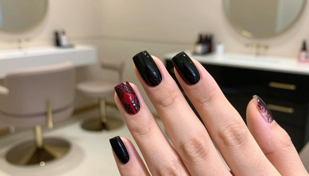 A close-up image showcasing elegant black gel nails with intricate designs, incorporating elements of red for a striking contrast. The foreground features a well-manicured hand with a stylish black gel finish, adorned with geometric patterns and delicate accents in a rich red hue. The middle ground captures a soft-focus background of a chic nail salon environment, with polished surfaces and subtle decor that hints at luxury. The lighting is warm and inviting, casting gentle shadows that enhance the textures of the nails. Shot from a slight angle to emphasize the nails, the mood conveys sophistication and modern elegance, making it perfect for inspiration in manicure trends. A close-up image showcasing elegant black gel nails with intricate designs, incorporating elements of red for a striking contrast. The foreground features a well-manicured hand with a stylish black gel finish, adorned with geometric patterns and delicate accents in a rich red hue. The middle ground captures a soft-focus background of a chic nail salon environment, with polished surfaces and subtle decor that hints at luxury. The lighting is warm and inviting, casting gentle shadows that enhance the textures of the nails. Shot from a slight angle to emphasize the nails, the mood conveys sophistication and modern elegance, making it perfect for inspiration in manicure trends.