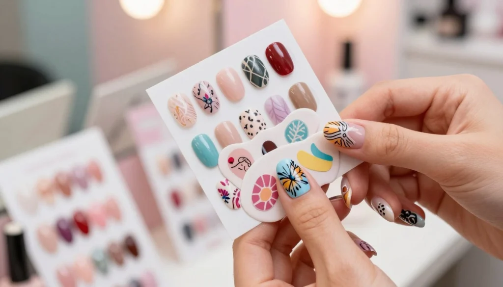 A close-up image of beautifully manicured nails featuring adhesive nail polish designs. The foreground showcases several hands with colorful, glossy adhesives applied on the nails, depicting intricate patterns like floral motifs and geometric shapes. In the middle ground, there are various sheets of nail sticker designs displayed artfully, highlighting a mix of modern trends in nail art. The background is a softly blurred salon setting with pastel-colored walls and warm, inviting lighting that enhances the vibrant colors of the nail art. The atmosphere is creative and trendy, conveying a sense of innovation in nail fashion. Shot with a macro lens to capture detail, with natural, diffused lighting for an elegant finish. No text or distractions are present.
