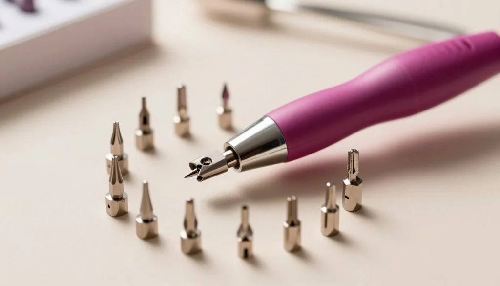 A detailed close-up of an electric nail file with several interchangeable drill bits arranged artistically around it, showcasing different shapes and sizes. The electric nail file has a sleek, modern design in a vibrant color, highlighting its ergonomic grip. Soft, diffused lighting creates an inviting atmosphere, with gentle shadows enhancing the contours of the tools. The background features a blurred array of manicure equipment, suggesting a professional nail salon environment. The scene captures a sense of precision and care, ideal for illustrating the importance of tools in achieving manicure perfection. The image is shot from a slightly elevated angle, providing a clear view of both the electric file and the various bits, emphasizing their importance in nail care.