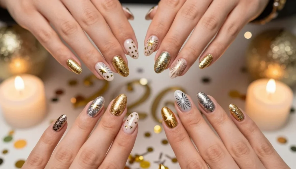 A close-up view of beautifully manicured nails, showcasing a stunning "unha reveillon" design perfect for New Year's Eve. The foreground features a diverse set of hands, with elegant fingers adorned with vibrant, sparkly nail polish in shades of gold, silver, and glitter. Each nail is uniquely designed with intricate patterns, including stars and fireworks, evoking a festive atmosphere. In the middle ground, there are decorative elements like shimmering confetti and small candles, enhancing the celebratory mood. The background softly blurs into a warm, ambient setting of faint lights and bokeh effects, suggesting a joyful New Year’s celebration. The lighting is bright yet gentle, highlighting the nails while creating a magical, inviting atmosphere perfect for ringing in 2026.