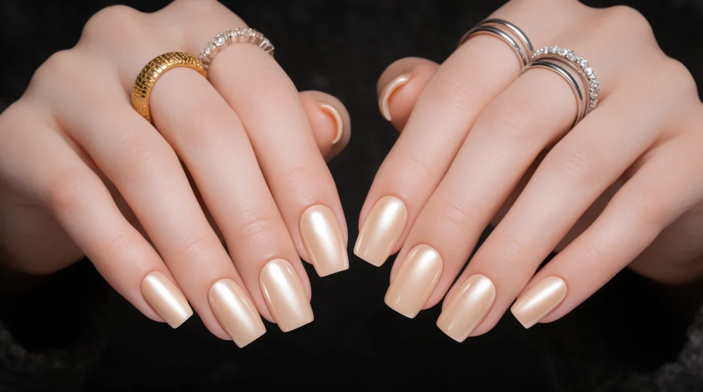 A close-up shot of elegantly manicured white gel nails, showcasing a variety of designs, set against a soft, minimalist background. In the foreground, focus on glamorous nail art including delicate silver accents, geometric patterns, and subtle ombre effects. The middle ground should display a gentle play of natural light glistening off the glossy finish of the nails, emphasizing their sheen. Include a blurred background featuring soft pastel colors to enhance the feeling of calm and sophistication. The image should convey a serene and inspiring atmosphere, perfect for daily inspiration, with no text or watermarks present. The nails should be depicted in a professional manner, resembling a salon setting, ensuring the overall aesthetic is tasteful and refined.