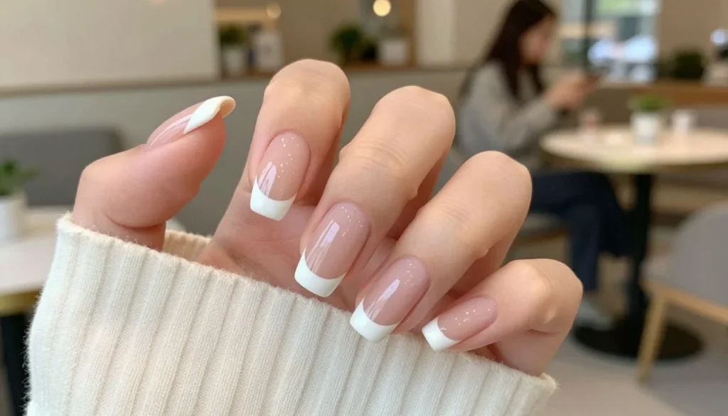 A close-up view of elegantly manicured gel French tip nails displayed on a soft, textured surface, ideal for highlighting their shine and finesse. The nails should feature a classic white tip contrasted against a natural nude base, showcasing a perfect sheen under soft, diffused lighting. In the background, a stylish, blurred moment from a chic café or a social setting suggests the versatility of French gel nails for different occasions. The atmosphere should feel sophisticated yet inviting, emphasizing the glamour of such manicures in everyday life. A slight focus on the nails draws attention, while elegant, neutral colors in the background enhance the overall composition, presenting a serene and classy vibe.