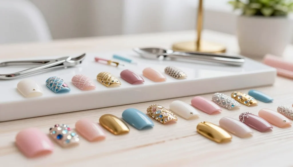 A beautifully arranged display of decorated nail tips, showcasing a variety of artistic designs, textures, and colors. In the foreground, feature a close-up of several sets of nails, each adorned with intricate patterns, rhinestones, and glossy finishes in shades of pink, blue, gold, and pastel colors. The middle layer includes a stylish manicure station with elegant nail tools, soft lighting that highlights the sparkle of the nail decorations, and a subtle wooden table surface. The background softly blends with a light, airy aesthetic, perhaps with hints of greenery or gentle gold accents to create a chic salon atmosphere. The overall mood is vibrant and inspiring, reflecting creativity and elegance in nail art.