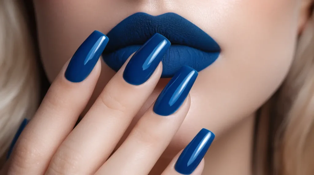 A close-up display of blue gel nails in various stylish shapes, featuring stiletto, square, and oval designs. The nails should be polished with a glossy finish, vividly showcasing the rich blue hue against a soft, neutral background. Each nail shape is highlighted prominently, with attention to the intricate details and smooth edges of the gel application. The lighting is soft and diffused, creating a gentle shimmer on the surface of the nails, emphasizing their elegance and modern aesthetic. The angle of the shot is slightly elevated, focusing on the nails while allowing hints of a chic, minimalist manicure setup in the background. The mood is sophisticated and contemporary, inviting viewers to appreciate the artistry of nail design.