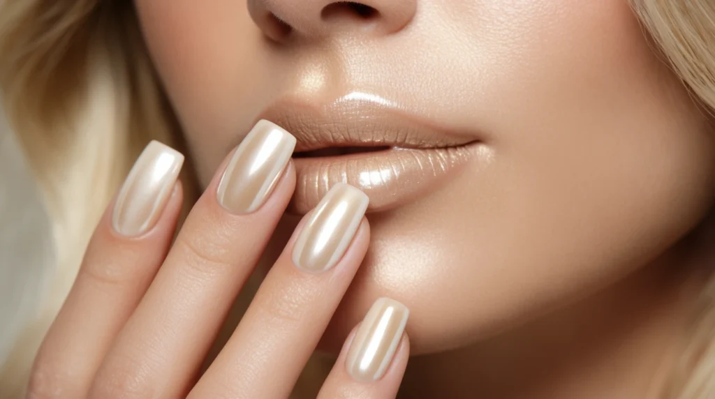 A close-up view of elegant white gel nails with sophisticated gold detailing. The nails are perfectly manicured, showcasing a glossy finish that reflects soft, ambient lighting. Each nail features intricate gold accents, such as delicate lines and geometric patterns that add a touch of luxury. The background is a softly blurred salon setting, enhancing the focus on the nails, with warm, inviting tones that create a refined atmosphere. The image is captured at a slight angle to showcase the nails' shape and details beautifully, evoking a sense of elegance and sophistication.