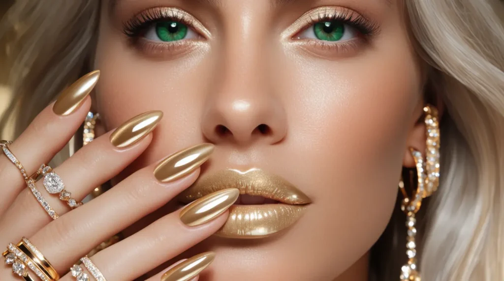 A close-up view of elegant black nails adorned with intricate gold accents, showcasing a sophisticated and modern manicure. The nails are long and well-groomed, with a glossy black base coat complemented by delicate gold foil designs and sparkles. The focused foreground highlights the detailed nail art under soft, diffused lighting, which adds warmth and elegance. The background is softly blurred to emphasize the nails while maintaining a chic atmosphere, featuring subtle hints of a stylish vanity with neutral tones and metallic elements. The overall mood is luxurious and sophisticated, perfect for a contemporary beauty article.