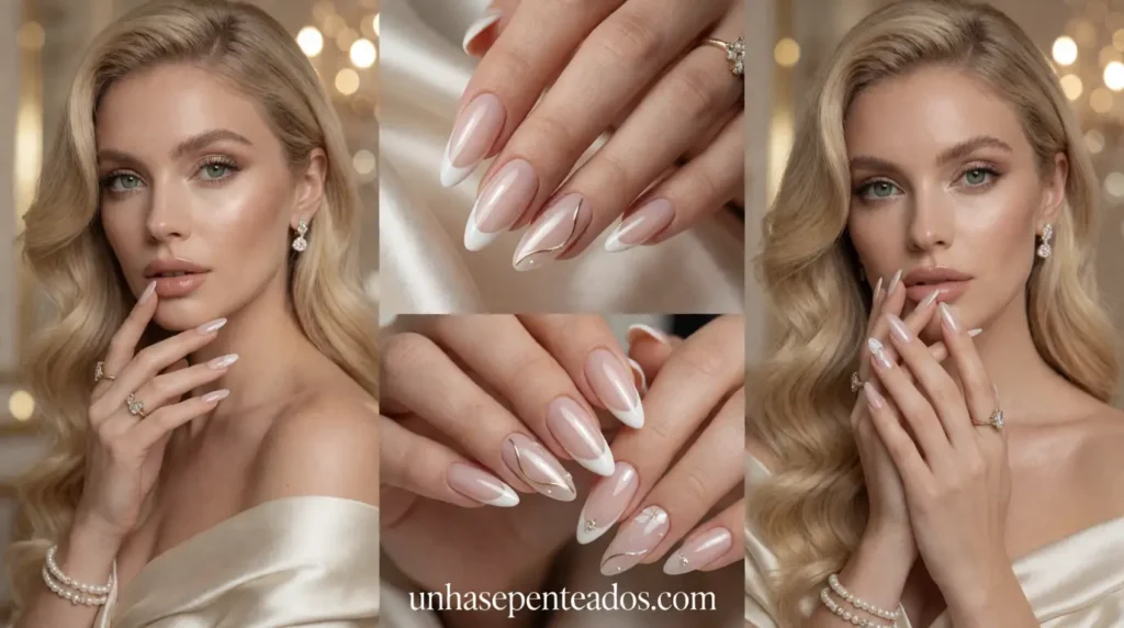A beautifully arranged display of gel French manicure trends, showcasing diverse designs and colors. In the foreground, close-up shots of elegant fingertips adorned with intricate nail art, each featuring variations of the classic French tip with modern twists – including ombre effects and subtle glitter accents. The middle layer includes colorful nail polish bottles and nail art tools artistically arranged to highlight the creative process. In the background, a softly blurred spa setting with a calming ambiance, featuring pastel colors and gentle lighting that evokes relaxation. The lighting is bright yet warm, giving an inviting feeling to the scene, captured from a slight overhead angle to emphasize the nail designs. The overall mood is sophisticated, creative, and inspiring.